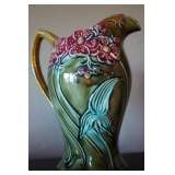 French Majolica Frie Onnaing Art Nouveau Red Blossom Pitcher, circa 1880-1900 