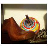 Vintage wood shoe mold and tin top