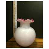 Milk Glass Pink Cased Ruffled Top Vase