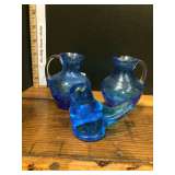 Signed Blue Bird and Crackled Glass Blue Vases