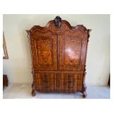8th Centry Dutch Marquetry Cabinet With Ornate Botanical And Avian Motif, Carved Pediment And Serpentine Front.