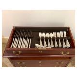 Vintage Wallace Sterling Silver Flatware Set With Wood Chest. Set Includes 6lb 12ozs Of Full Sterling And 2lbs Of Sterling Handled Knives And Server. Service For 12 Plus Extras.