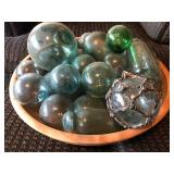 Wooden Bowl With Glass Floats.