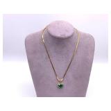 Large Emerald And Diamond Heart Pendant Set On 16 Inch 14k Gold Chain.