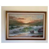 Rosati Signed Oil On Canvas Impressionist Seascape Painting In Frame With Linen Mat.