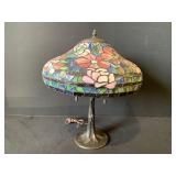 Tiffany Style Table Lamp With Tree Like Base And Colorful Floral Shade.