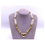 18k Gold Multi-Strand Pearl Necklace With Ruby, Emerald, And Sapphire Seed Bead Accents. Necklace Measures 18 Inches In Length And Features A Heart Pendant.