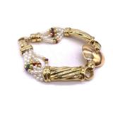 18k Gold Multi-Strand Pearl Bracelet With Ruby, Emerald, And Sapphire Seed Bead Accents. 