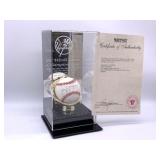 Joe Dimaggio Autographed Baseball With Coa. Ball Includes A Display Case - 26 World Series Championships With The Years Listed.