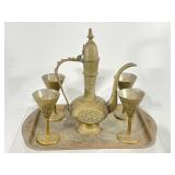 Intricately Etched, Mini Brass Ewer Set With 4 Goblets And Serving Tray.