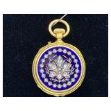 Antique French 18k Gold Open Face Pocket Watch With Cobalt Blue Enameled Case Encrusted With 36 Mine Cut Diamonds. The Inner Edge Bears An Eagle Head Stamp.