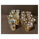 Mid Century Blue And Gold Tumblers And Rocks Glasses.