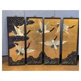 Set Of Four Black Lacquer Chinese Art Panels Featuring Cranes On A Gilded Background.