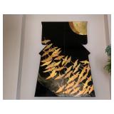 Outstanding Two Piece Black Lacquer Kimono Wall Art Featuring Gilded Cranes In Flight. 
