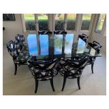 Outstanding Black Lacquer Pedestal Table With Thick Glass Top And A Set Of Eight David Phoenix Chair Hickory Saint Giorgio Dining Chairs With Handles And Black And White Upholstery