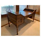 Vintage Office Desk With Roll Top Sides, Leather Writing Top And Brass Hardware And Rails. 