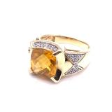 14k Gold Ring With Large Faceted Citrine Accented By Diamond Chips. Size 9