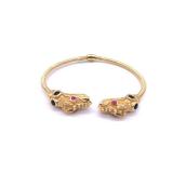 14k Gold Clamper Bracelet With Dragon Head Ends Adorned In Pink Tourmaline And Spinel