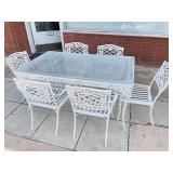 White Hollywood Regency Style Rectangular Glass Top Patio Table With 6 Chairs. 4 Of The Chairs Have Arms, 2 Are Armless.