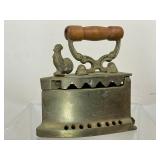 Antique Brass Coal Iron With Rooster Topper And Wooden Handle. 