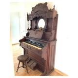 Antique Windsor 72 Key Pump Organ With Stool And Some Sheet Music.