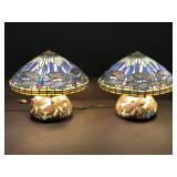 Pair Of Tiffany Style Stained Glass Dragonfly Lamps.