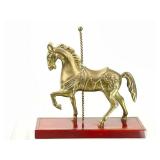 Solid Brass Carousel Horse With Brass Inlaid Wood Base. 
