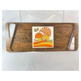Groovy Mid Century Modern Dark Wood Double Handled Serving Tray With Inset Screen Printed Ceramic Tile With Orange Mushrooms And Butterfly Motif.