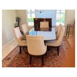 Exceptional Vintage Double Pedestal Dining Table With A Set Of Six Contemporary Upholstered Chairs. Includes Additional Extensions, Each Adding 20 Inches To The Length.