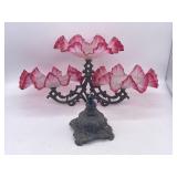 Vintage Ruffled Cranberry Glass Centerpiece On Metal Base. 