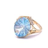 14k Gold Ring With Three Accent Diamonds And What Appears To Be A Large Blue Topaz Stone. Size 11, 7g.