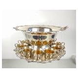 Fabulous Vintage Silver-Plate Punchbowl, Double Sided Ladel, And 10 Curve Handled Cups. 