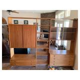 Mid Century Modern Danish Teak Modular Shelving Wall Unit With Six Drawers And Sliding Doors.