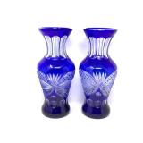 Pair Of Vintage Cobalt Blue Cut To Clear 11 Inch Vases.