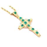 8k Gold 20 Inch Chain With 18k Gold Cross Adorned With 9 Colombian Emeralds.