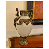 Antique Gilt Brass & Porcelain Urns From French 16” H,  