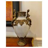 Antique Gilt Brass & Porcelain Urns From French 16” H,  