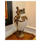 Antique Gilt Brass & Porcelain Urns From French 16” H,  