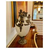 Antique Gilt Brass & Porcelain Urns From French 16” H,  