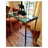 Gold Glass SideTable 31 1/2" W, 33 1/4" H, 16 1/2" D, $350