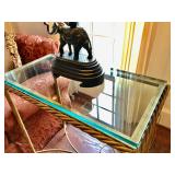 Gold Glass SideTable 31 1/2" W, 33 1/4" H, 16 1/2" D, $350