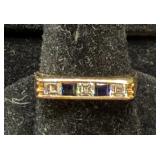 14K YG Sleek Design Diamond And Sapphire Ring - Size 7.5