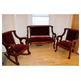 Antique Mahogany Clawfoot Parlor Set. Settee with, Matching Rocker & Chair
