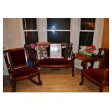 Antique Mahogany Clawfoot Parlor Set. Settee with, Matching Rocker & Chair