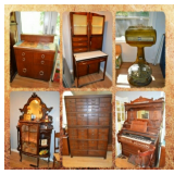 ANTIQUES & MID CENTURY FURNITURE GALORE, ANTIQUE MEDICAL CABINETS, RECORDS, STAINED GLASS, CLOCKS!