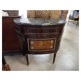 FRENCH LOUIS XVI GILT & MARQUETRY TABLE W MARBLE