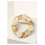 Gold-Tone Wreath Brooch with White Roses