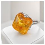 Silver-Tone Ring with Large Amber-Colored Stone