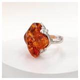 Silver-Tone Ring with Large Amber-Colored Stone