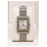 Silver-Tone Mesh Band Wristwatch with Clear Stones